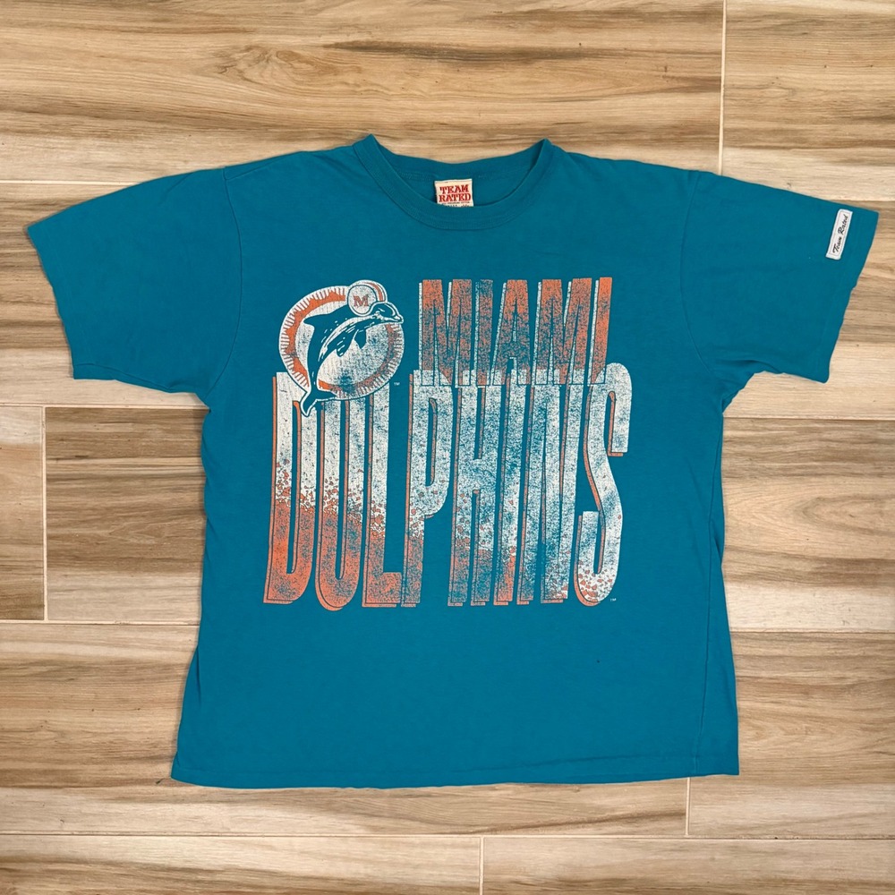 Vintage‎ 90s Miami Dolphins T Shirt Team Rated Mens M Boxy XL 23.5x27.5 NFL USA